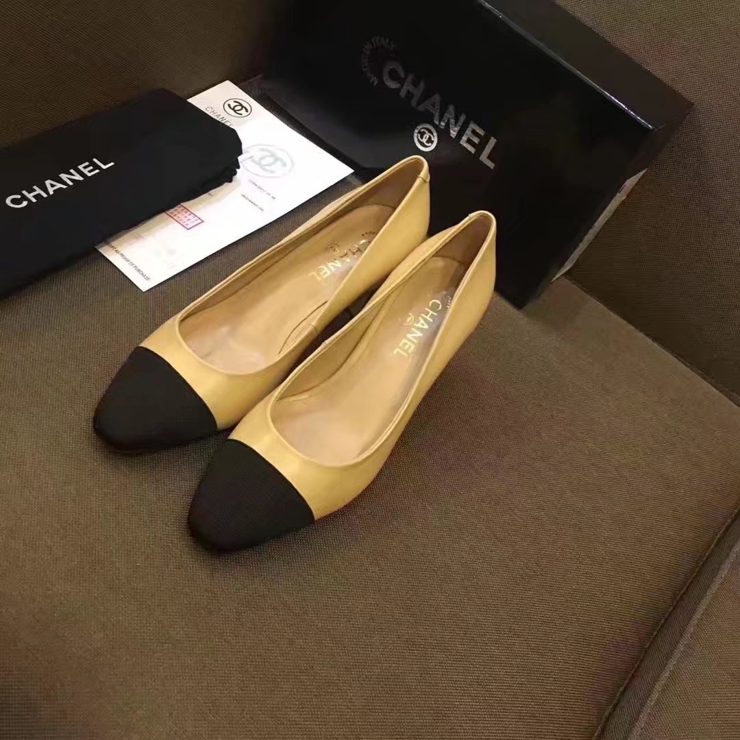 Chanel Pump Leather CH2146 Apricot&Black Chanel Pump Leather CH2146 Apricot&Black