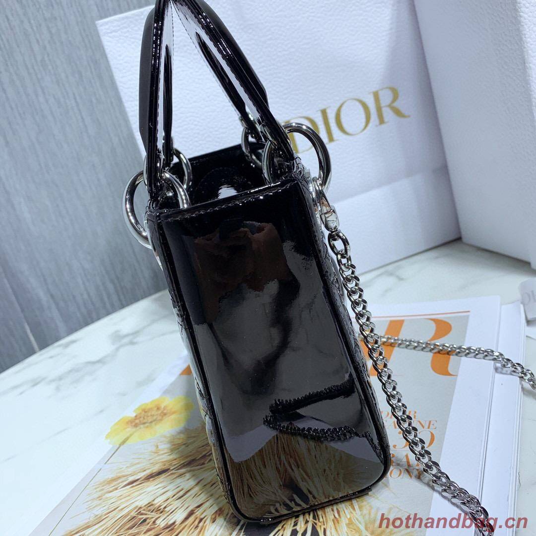 MINI LADY DIOR BAG Black Patent Cannage Calfskin M0566OW Silver Hardware MINI LADY DIOR BAG Black Patent Cannage Calfskin M0566OW Silver Hardware