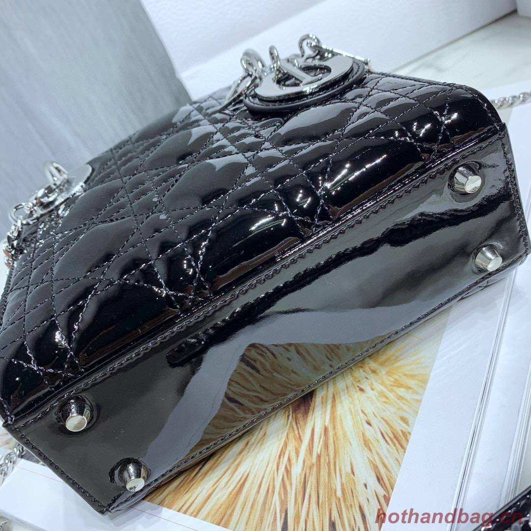 MINI LADY DIOR BAG Black Patent Cannage Calfskin M0566OW Silver Hardware MINI LADY DIOR BAG Black Patent Cannage Calfskin M0566OW Silver Hardware