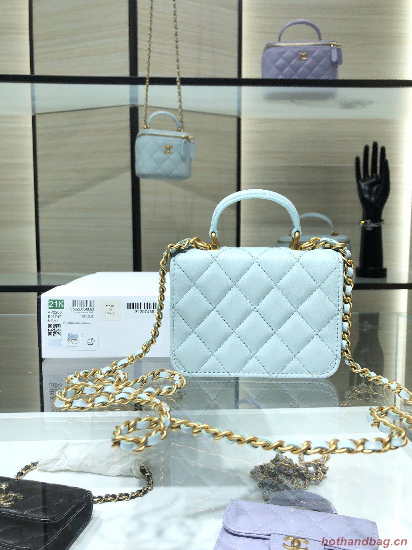 CHANEL Top Handle Micro Mini Wallet On Chain AP2200 Light Blue CHANEL Top Handle Micro Mini Wallet On Chain AP2200 Light Blue