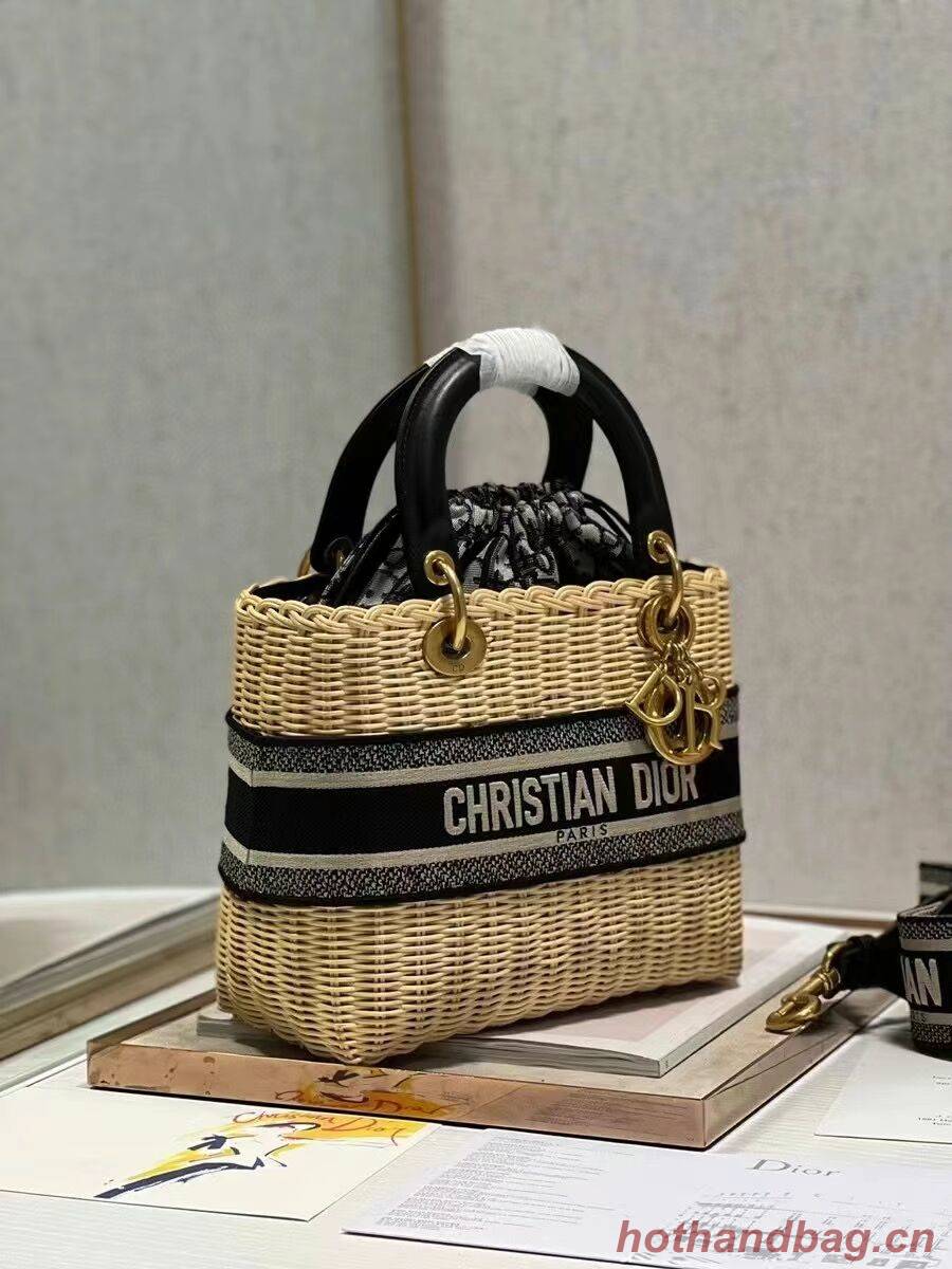 MEDIUM LADY DIOR BAG Natural Wicker and Blue Dior Oblique Jacquard M0565 MEDIUM LADY DIOR BAG Natural Wicker and Blue Dior Oblique Jacquard M0565