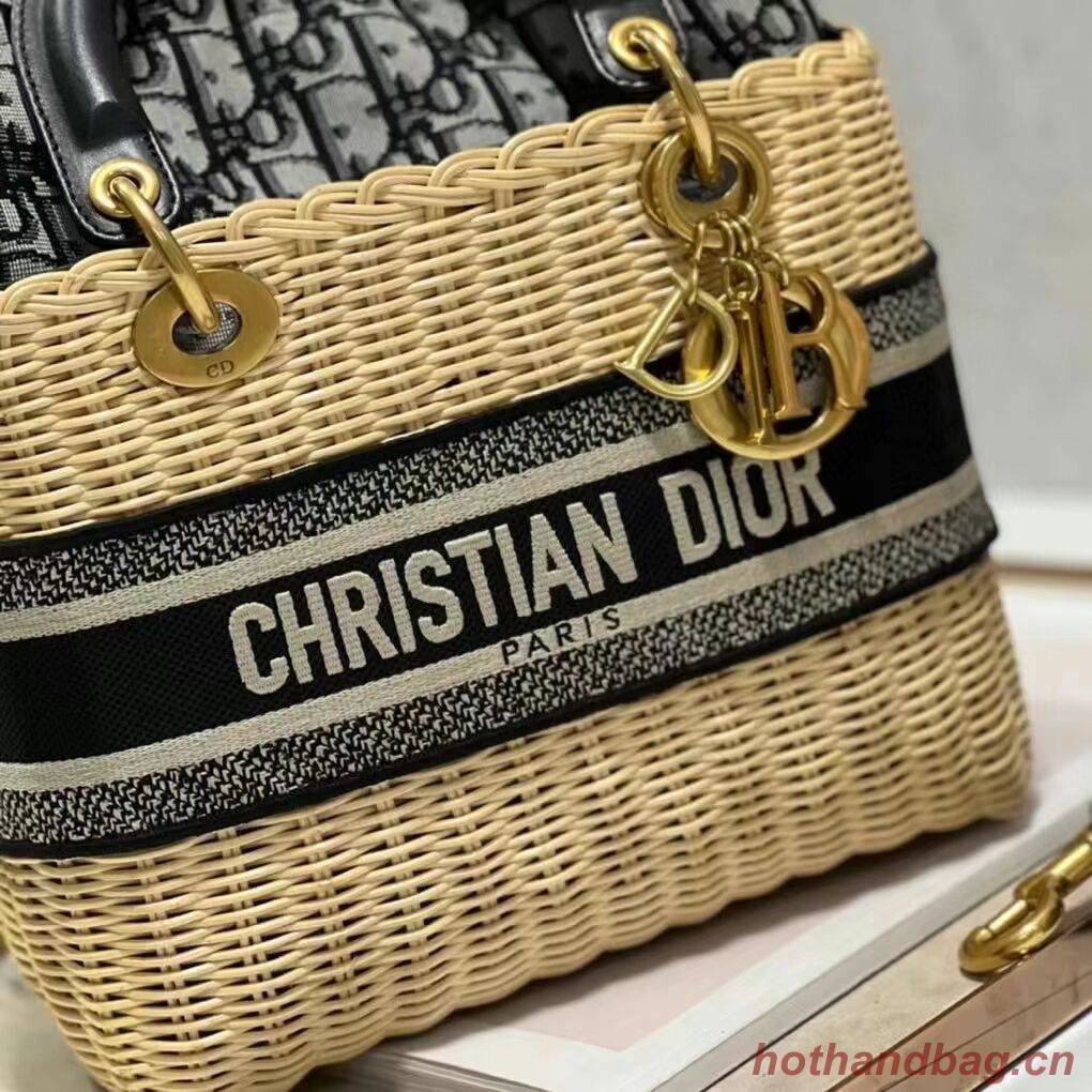 MEDIUM LADY DIOR BAG Natural Wicker and Blue Dior Oblique Jacquard M0565 MEDIUM LADY DIOR BAG Natural Wicker and Blue Dior Oblique Jacquard M0565