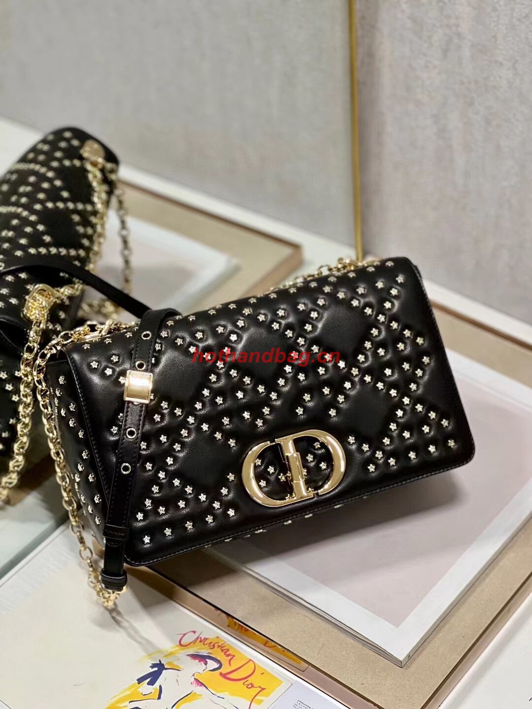 DIOR CARO MACROCANNAGE POUCH Macrocannage Calfskin with Star Motif C3136 black&gold DIOR CARO MACROCANNAGE POUCH Macrocannage Calfskin with Star Motif C3136 black&gold