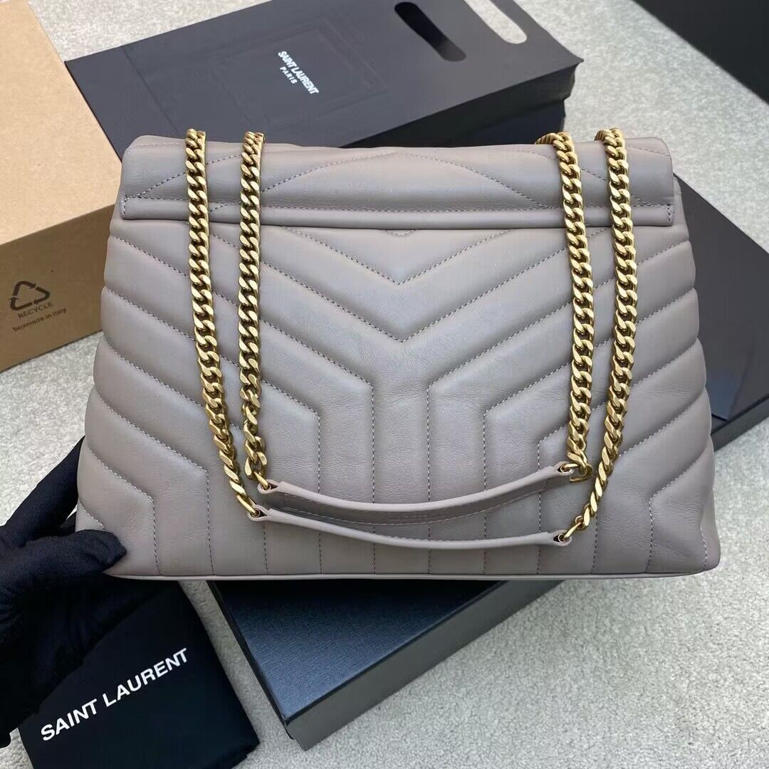 SAINT LAURENT Loulou Monogram Large quilted leather shoulder bag 392288 Light Gray Gold-Tone SAINT LAURENT Loulou Monogram Large quilted leather shoulder bag 392288 Light Gray Gold-Tone
