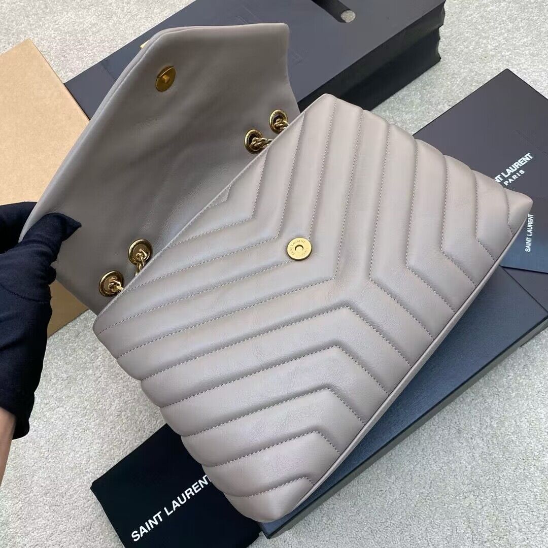 SAINT LAURENT Loulou Monogram Large quilted leather shoulder bag 392288 Light Gray Gold-Tone SAINT LAURENT Loulou Monogram Large quilted leather shoulder bag 392288 Light Gray Gold-Tone
