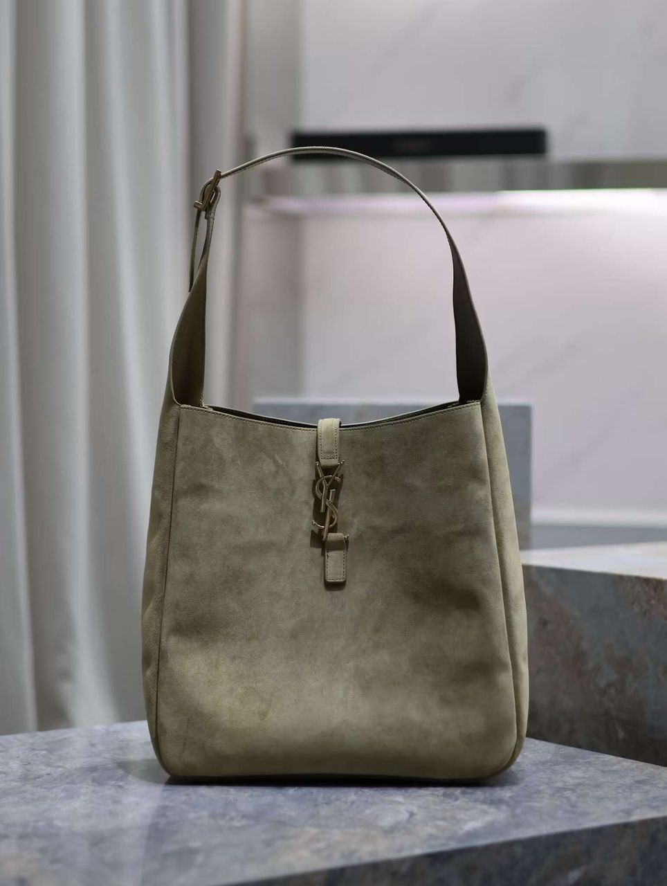 SAINT LAURENT LE 5 A 7 SUPPLE SMALL IN SUEDE 753837 BARLEY GREEN SAINT LAURENT LE 5 A 7 SUPPLE SMALL IN SUEDE 753837 BARLEY GREEN