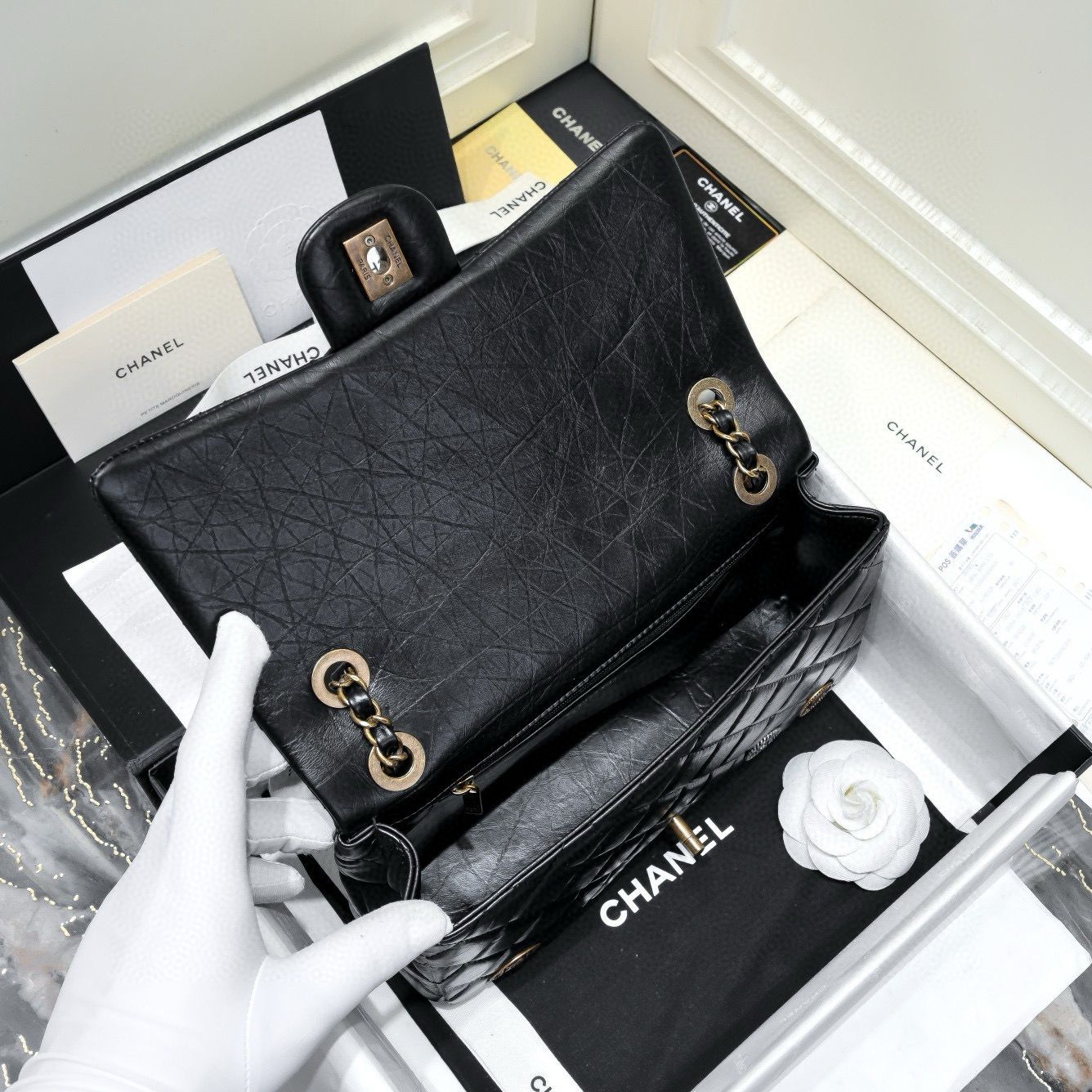 Chanel 2.55 Series Flap Bag Original Sheepskin Leather 92674 Black Bronze-Tone Chanel 2.55 Series Flap Bag Original Sheepskin Leather 92674 Black Bronze-Tone