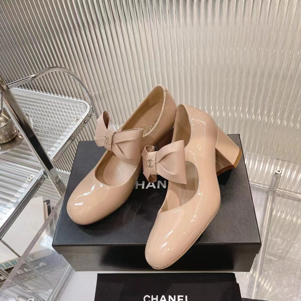 Chanel 24C Bow Mary Jane Shoes Original Patent Calf Leather 55MM Heels C85923 Nude Chanel 24C Bow Mary Jane Shoes Original Patent Calf Leather 55MM Heels C85923 Nude