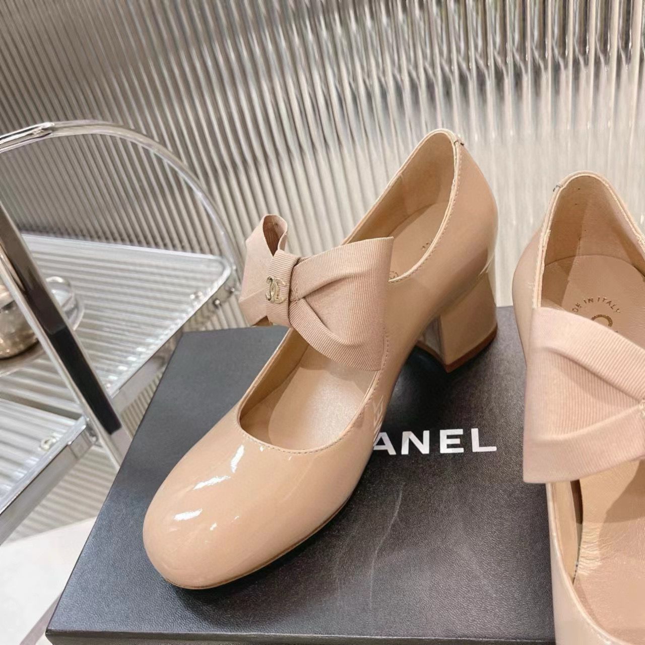 Chanel 24C Bow Mary Jane Shoes Original Patent Calf Leather 55MM Heels C85923 Nude Chanel 24C Bow Mary Jane Shoes Original Patent Calf Leather 55MM Heels C85923 Nude