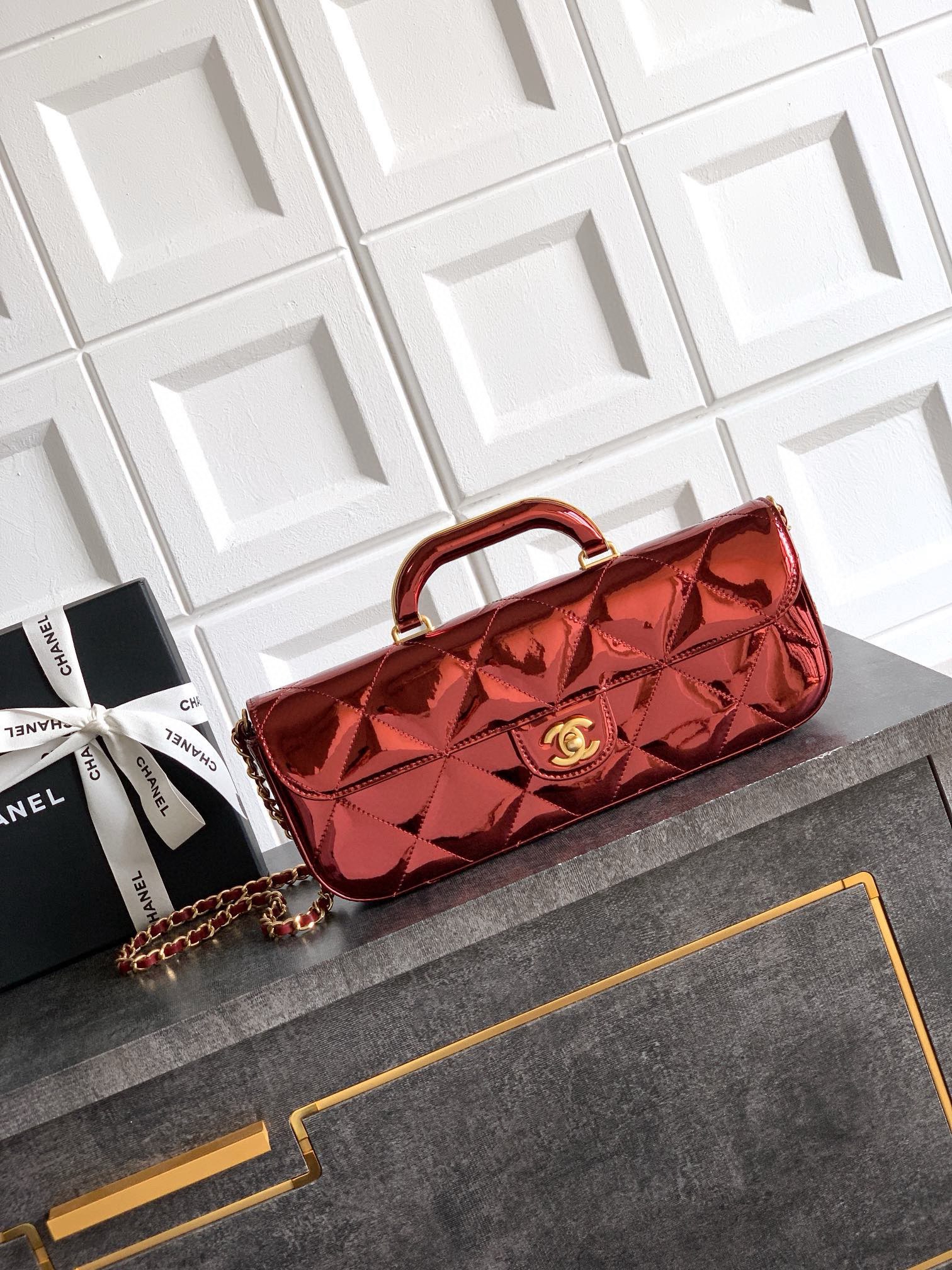 Chanel 25K Original Patent Leather Top Handle Bag A6321 Wine