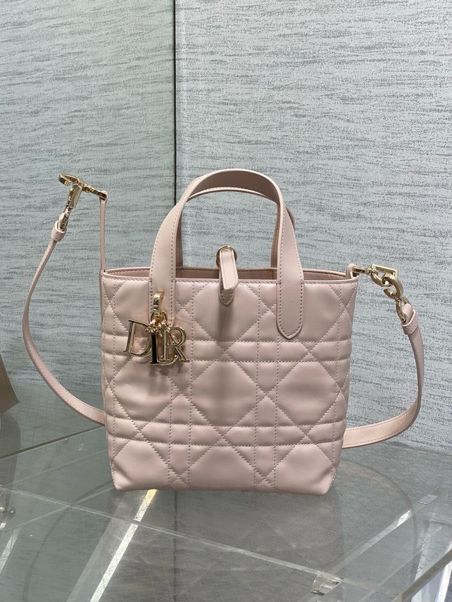 Small Dior Toujours Vertical Tote Bag Macrocannage Crinkled Calfskin M2835 pink