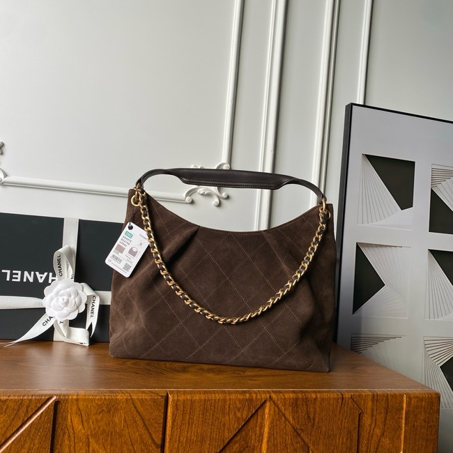 CHANEL Hobo Bag Suede Calfskin AS5978 Dark Brown
