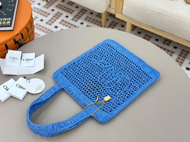 Chloe SUMMER straw and leather tote bag 0824P blue