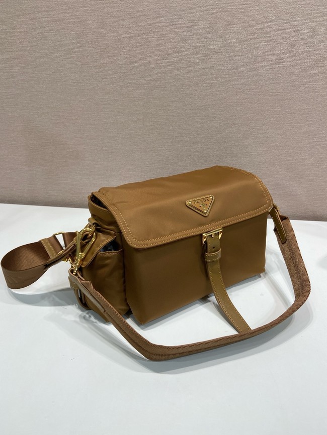Prada Route medium leather tote bag Re-Nylon 1BD394 camel