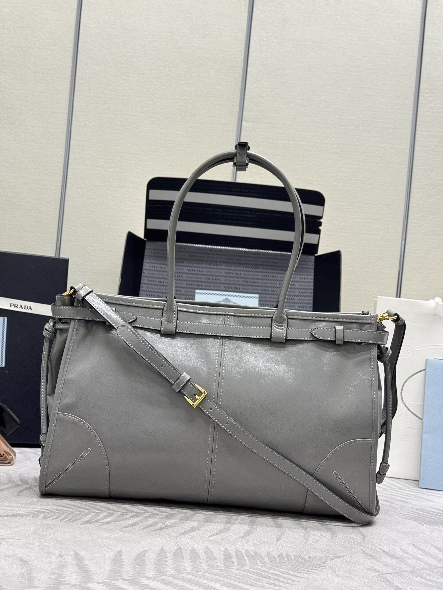 Prada Bonnie Leather Tote Bag 1BA433 Gray Prada Bonnie Leather Tote Bag 1BA433 Gray