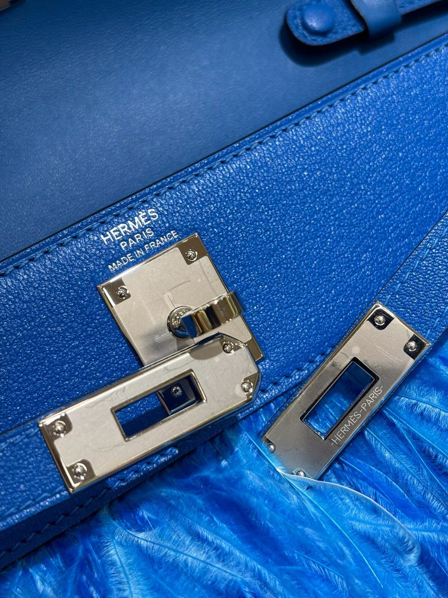 Hermes Kelly Elan Original Leather Ostich Feathers Bag 83210 Blue Hermes Kelly Elan Original Leather Ostich Feathers Bag 83210 Blue