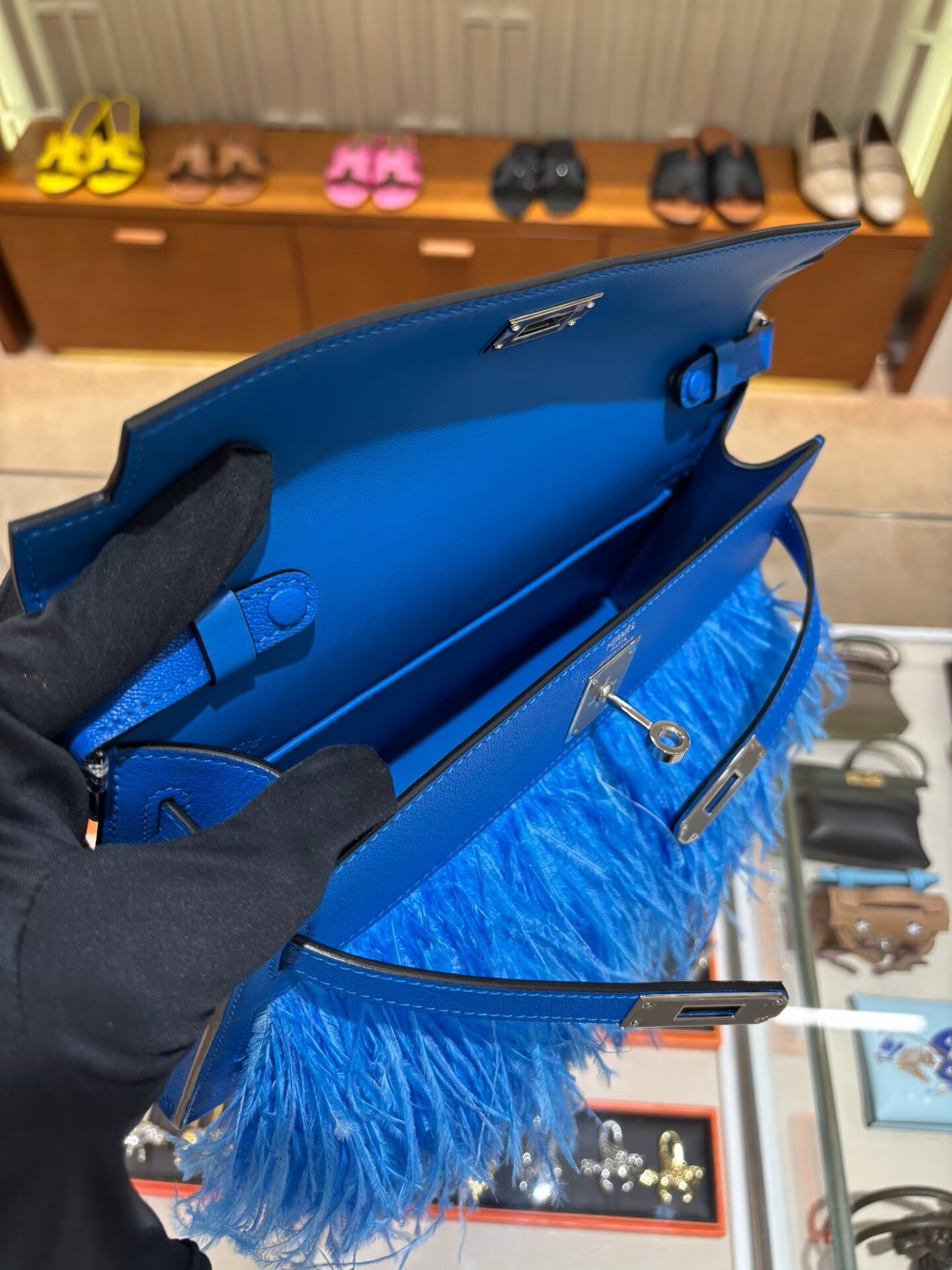 Hermes Kelly Elan Original Leather Ostich Feathers Bag 83210 Blue Hermes Kelly Elan Original Leather Ostich Feathers Bag 83210 Blue