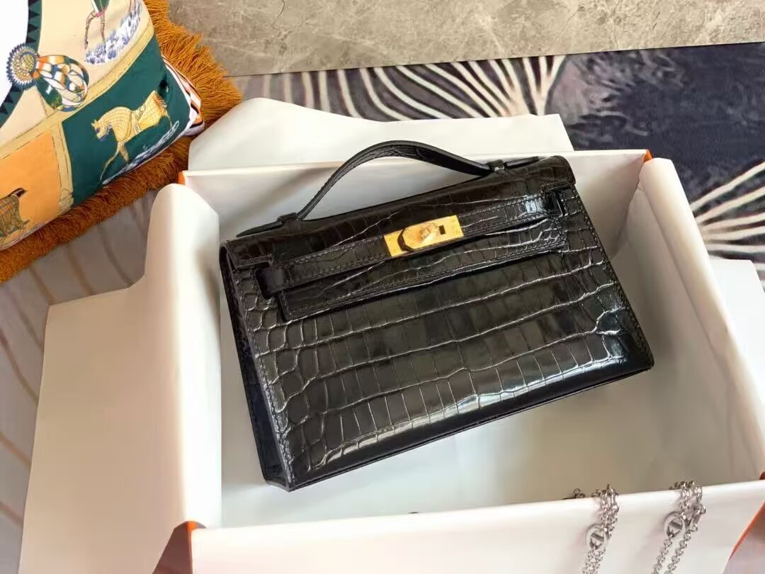 Hermes MINI Kelly 22cm Clutch Original Croco Leather KL22 Black